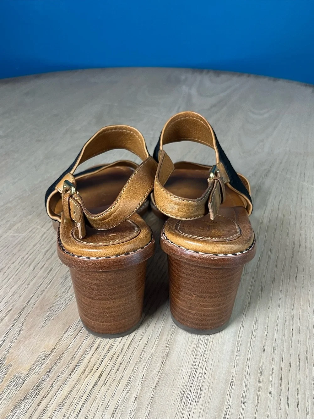 Frye Women’s Black Tan Two-Band Block Heel Slingback Leather Sandals Size 7.5